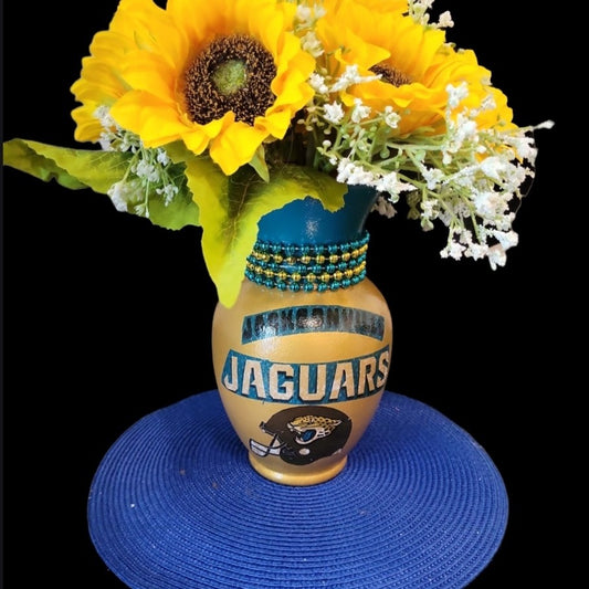 Teal and Gold Painted Glass Vase